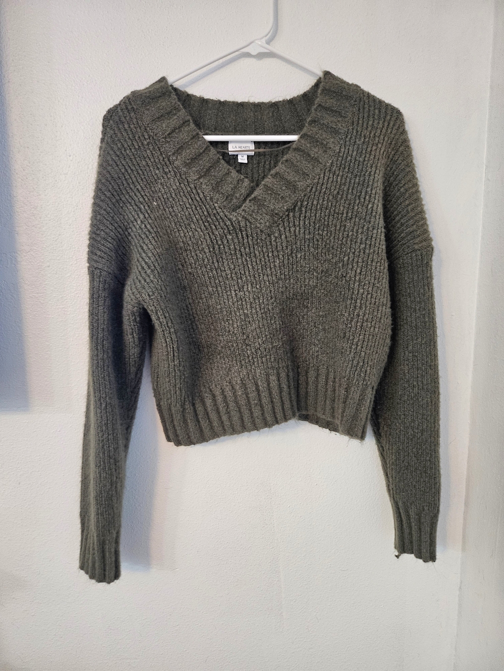 Dark Olive Ribbed V-Neck Fall Sweater.  Soft Waist Length.